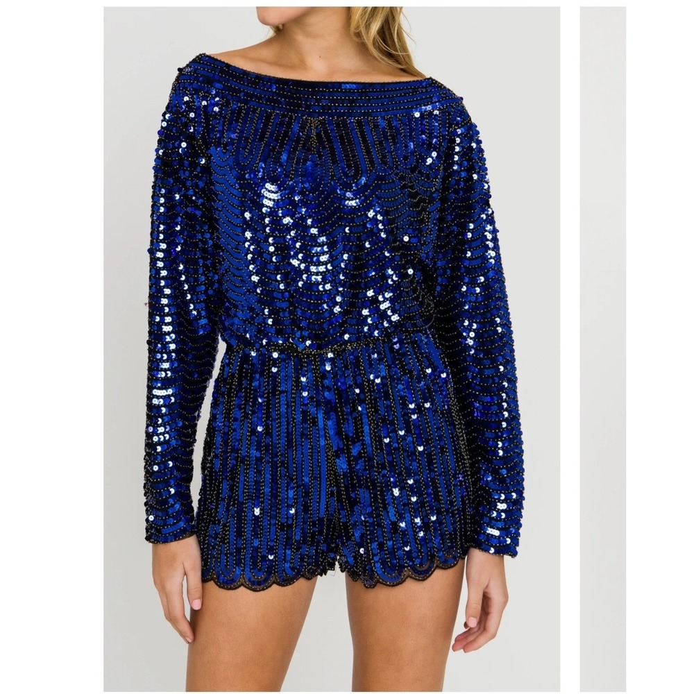 Endless Rose Women L Romper Blue Sequin Beaded Long Sleeve Party Night Out Glam - Picture 5 of 10